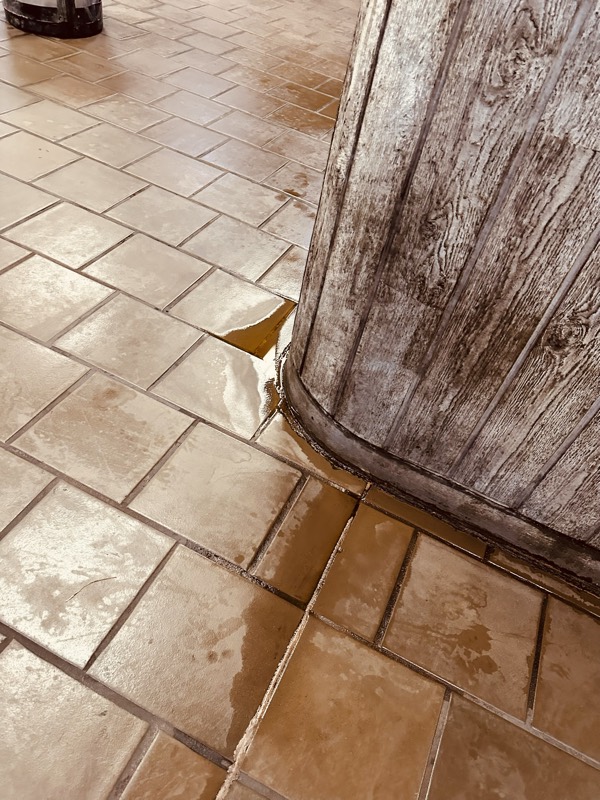 Close-up of urine pooled on station floor tiles at the base of a weathered board-formed concrete construction barrier.